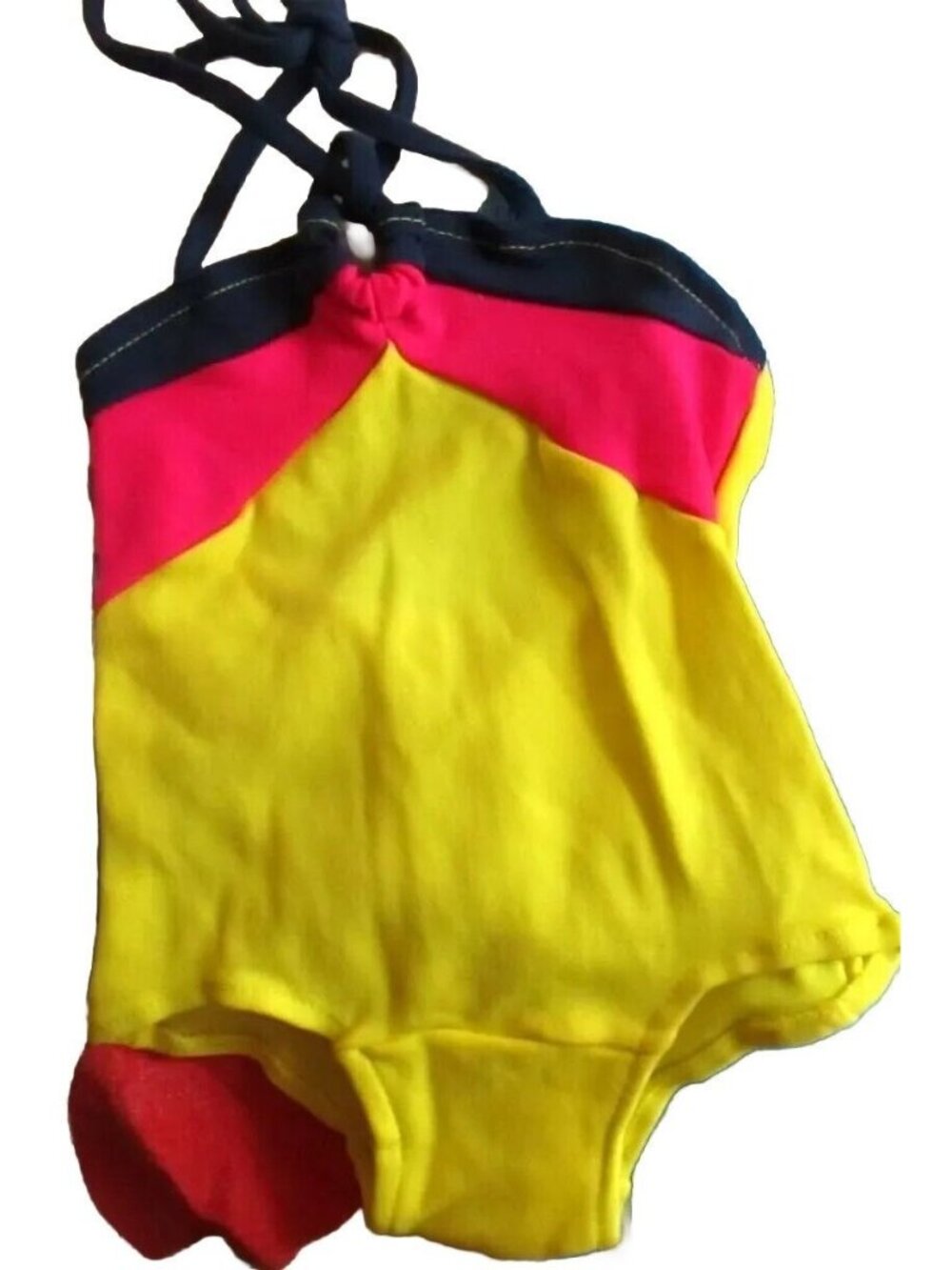 NEW Vintage Girls Swimsuit Size 2 Colorblock Nylon Yellow Pink Black Halter Neck